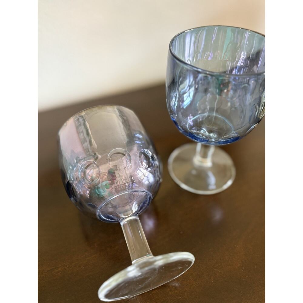 Set 2 Vintage Bartlett Collins Iridescent Light Blue Thumbprint Goblets Glasses - Picture 4 of 8
